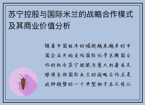 苏宁控股与国际米兰的战略合作模式及其商业价值分析 苏宁控股与国际米兰的战略合作模式及其商业价值分析