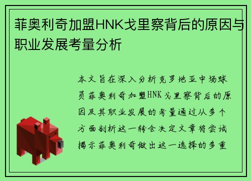 菲奥利奇加盟HNK戈里察背后的原因与职业发展考量分析 菲奥利奇加盟HNK戈里察背后的原因与职业发展考量分析